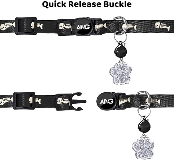 Personalized Breakaway Cat Collars Glow-in-The-Dark with ID Tag, Bell - Safety Quick - Release, Customizable for Female Male Kittens &amp; Cats (Black)