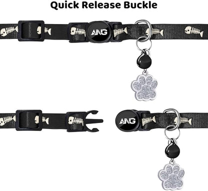 Personalized Breakaway Cat Collars Glow-in-The-Dark with ID Tag, Bell - Safety Quick - Release, Customizable for Female Male Kittens &amp; Cats (Black)