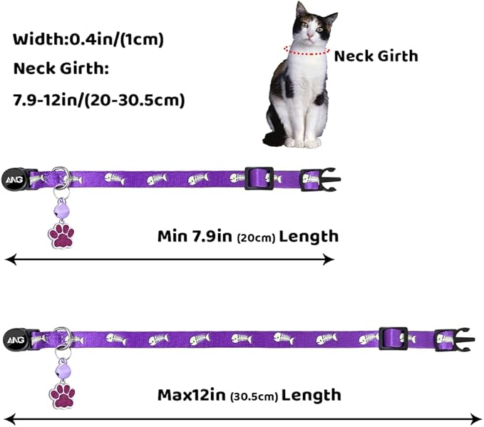 Personalized Breakaway Cat Collars Glow-in-The-Dark with ID Tag, Bell - Safety Quick - Release, Customizable for Female Male Kittens &amp; Cats (Purple)