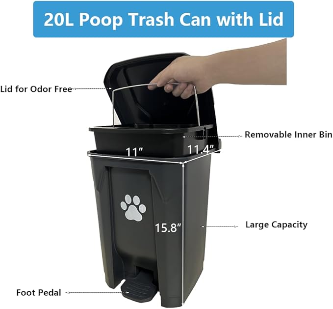 Dog Poop Trash Can for Outdoors with Extra Large Pooper Scooper &amp; 50 Waste Bags - 20L/5 Gallon Large Dog Poop Trash Can Outside with Lid and Removable Inner Bucket Waterproof Odor Control for Backyard