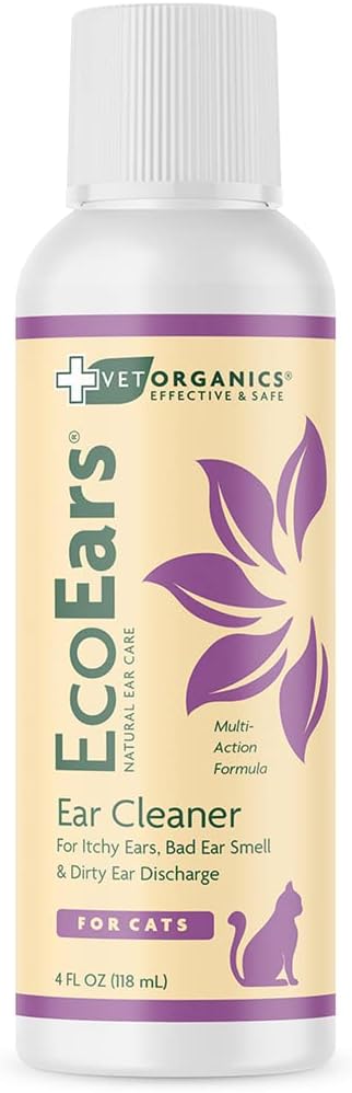 Vet Organics EcoEars Cat Ear Cleaner. Natural Multi-Action Formula. for Itch, Head Shaking, Discharge &amp; Smell. Naturally Cleanses Away Common Problems. 100% Guaranteed (4 oz)