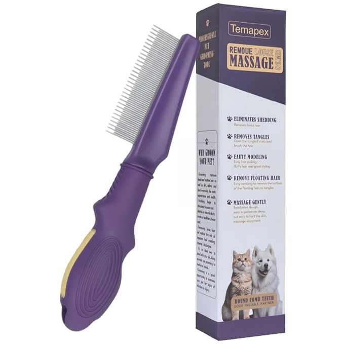 Pet Comb for Dogs &amp; Cats with Long &amp; Short Stainless Steel Metal Teeth For Shedding and Tangles, Non-Slip &amp; Anti-Static Rubber Handle, Safe &amp; Gentle Pet Grooming Comb