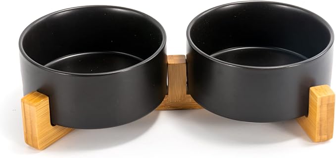 SPUNKYJUNKY Ceramic Dog and Cat Bowl Set with Wooden Stand, Modern Cute Weighted Food Water Set for Small Size Dogs (13.5OZ) &amp; Medium Sized Dogs (28.7OZ) &amp; Cats (3.6 Cups, 2 × Black)