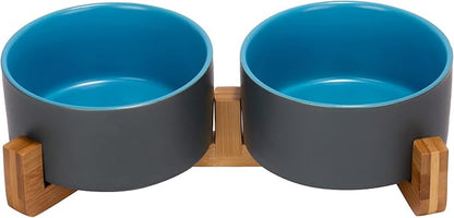 SPUNKYJUNKY Ceramic Dog and Cat Bowl Set with Wooden Stand, Modern Cute Weighted Food Water Set for Small Size Dogs (13.5OZ) &amp; Medium Sized Dogs (28.7OZ) &amp; Cats (3.6 Cups, 2 × Blue-Grey)