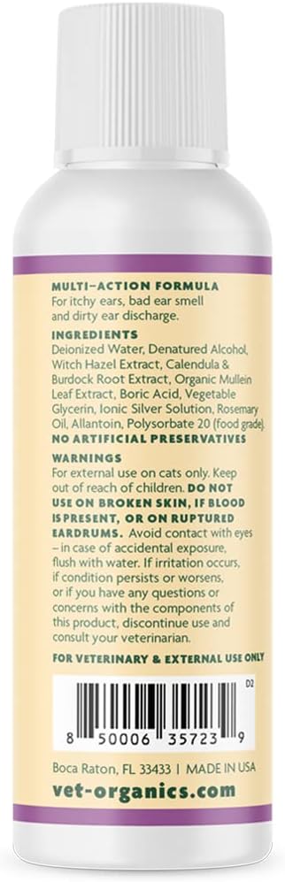 Vet Organics EcoEars Cat Ear Cleaner. Natural Multi-Action Formula. for Itch, Head Shaking, Discharge &amp; Smell. Naturally Cleanses Away Common Problems. 100% Guaranteed (4 oz)