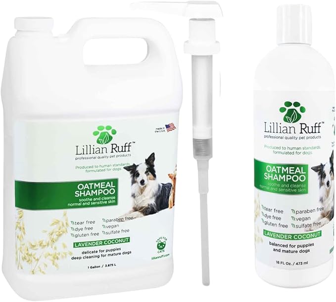 Lillian Ruff Calming Oatmeal Pet Shampoo for Dry Skin &amp; Itch Relief with Aloe &amp; Hydrating Essential Oils - Replenish Moisture &amp; Deodorize -Gentle Dog Shampoo for Normal/Sensitive Skin (Gallon &amp; Pump)