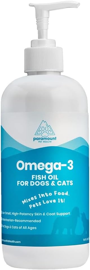 Wild-Caught Omega 3 Fish Oil for Dogs &amp; Cats, Liquid EPA DHA Supplement for Skin, Coat, Joints &amp; Heart, Low-Odor Omega 3 Drops for Small Dog Breeds &amp; Cats with Itchy Skin, 16 oz