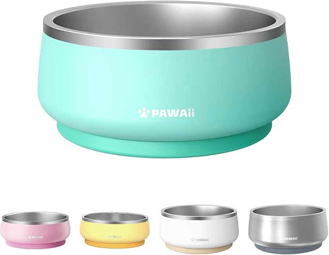 Pawaii Stainless Steel Dog Bowl with Non-Slip Rubber Base &amp; Double Wall Insulation - Durable Design | Includes ID Tag | Dishwasher Safe Food &amp; Water Bowl for All Dogs (34oz)