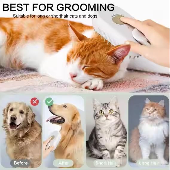 3-in-1 Steam Pet Brush for Cats &amp; Dogs – Self-Cleaning Grooming Comb with Spray Mist, Massage &amp; Shedding, Rechargeable USB, Anti-Static, Foldable Handle (TAN)