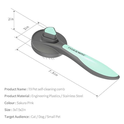 PAKEWAY Cat &amp; Dog Grooming Brush - Self Cleaning, Release Button, Kitten &amp; Pet Brush for Short, Medium &amp; Long Hair (Green)