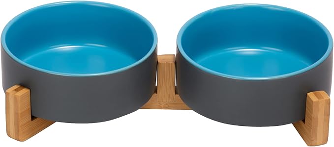 SPUNKYJUNKY Ceramic Dog and Cat Bowl Set with Wooden Stand, Modern Cute Weighted Food Water Set for Small Size Dogs (13.5OZ) &amp; Medium Sized Dogs (28.7OZ) &amp; Cats (1.7 Cups, 2 × Blue-Grey)