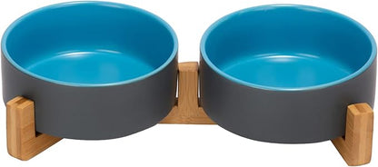 SPUNKYJUNKY Ceramic Dog and Cat Bowl Set with Wooden Stand, Modern Cute Weighted Food Water Set for Small Size Dogs (13.5OZ) &amp; Medium Sized Dogs (28.7OZ) &amp; Cats (1.7 Cups, 2 × Blue-Grey)
