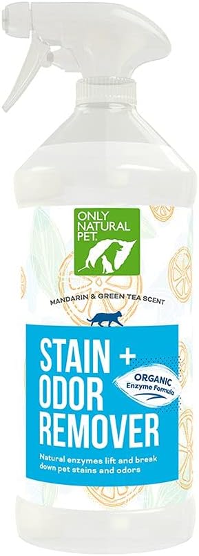 Only Natural Pet Enzyme Powered Stain &amp; Odor Eliminator - Professional Pet Urine Pee Cleaner Deodorizer for Cats - Hardwood Floors Carpets Upholstery - Fresh Mandarin Orange &amp; Green Tea Scent 32Floz
