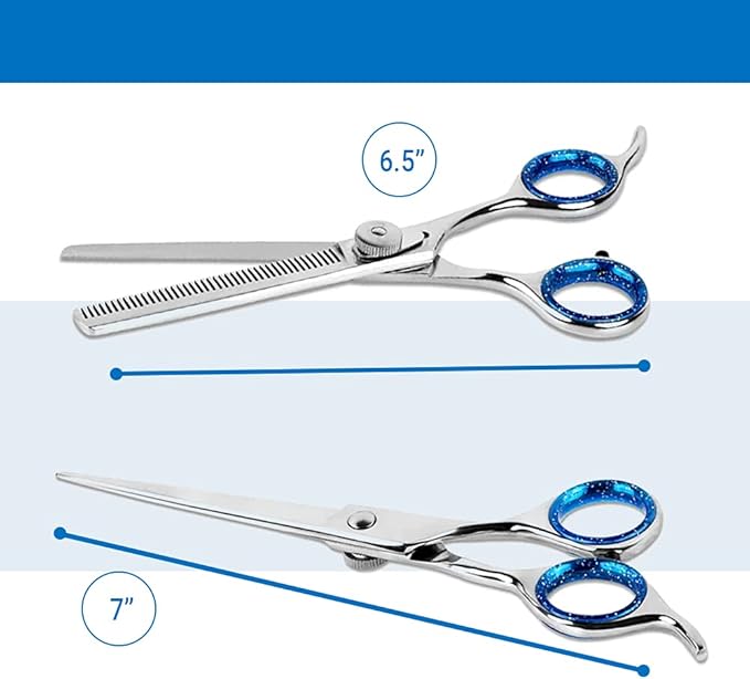 Laazar Pet Grooming Set - 7" Straight Pet Grooming Scissors &amp; 6.5" Pet Thinning Shears with 42 Teeth | Professional Dog Scissors Kit | Use as Cat and Dog Shears