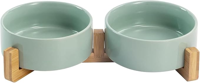 SPUNKYJUNKY Ceramic Dog and Cat Bowl Set with Wooden Stand, Modern Cute Weighted Food Water Set for Small Size Dogs (13.5OZ) &amp; Medium Sized Dogs (28.7OZ) &amp; Cats (1.7 Cups, 2 × Light Green)