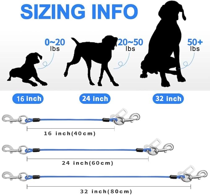 Dog Seat Belt Harness for Car,Dog Seatbelt of Coated Wire Leash Safety Restraint,No Chew Tether Cable Vehicle,Double Clips &amp; Latch(Blue, 32 inch/80 CM)