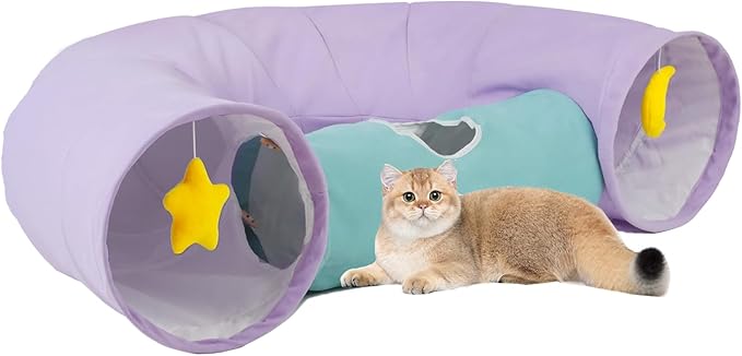 Cat Tunnel, Large Indoor Durable Collapsible Interactive Cat Tube with Peek-A-Boo Hole, Hanging Toys, and Crinkly Paper Lining - Cute Tunnel for Cats, Kittens, Puppies &amp; Rabbits, Purple