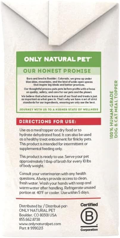 Only Natural Pet Bone Broth Beef Flavor Dog &amp; Cat Meal Topper, 100% Human-Grade Slow-Simmered, Free-Range for Dry Food or to Hydrate Dehydrated Food - (12-Pack / 11.16 oz Each)