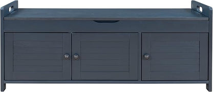 Storage Bench with 3 Shutter-Shaped Doors, Pine Wood Shoe Bench with Removable Cushion and Hidden Storage Space for Entryway Living Room 43.5" L * 16" W * 18" H, Antique Navy