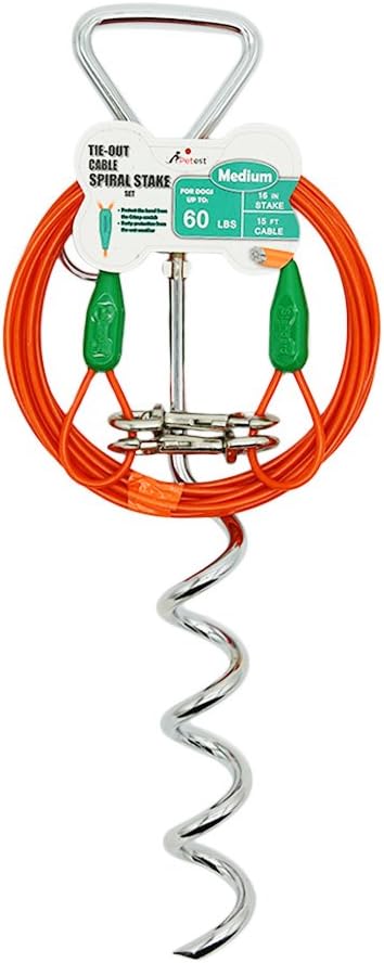 Petest 16 Inch Spiral Stake with 15ft Tie-Out Cable for Medium Dogs Up to 60 Pounds DarkGreen &amp; Orange