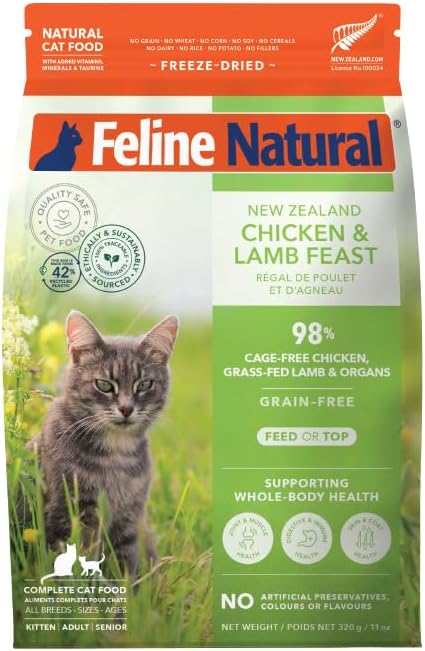 Feline Natural High Protein Dry Cat Food, Freeze-Dried Diet with 98% Meat, Organs &amp; Seafood, No Peas, Grains, or Artificial Additives, Made in New Zealand, Chicken &amp; Lamb, 11oz