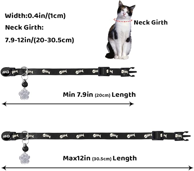 Personalized Breakaway Cat Collars Glow-in-The-Dark with ID Tag, Bell - Safety Quick - Release, Customizable for Female Male Kittens &amp; Cats (Black)