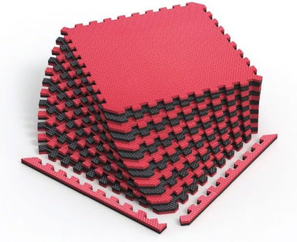 Norsk Reversible Gym Exercise Mats 3/4" Thick EVA Interlocking Foam Tiles, Perfect Gym Flooring for Home Gym, 12 24"x24" Tiles &amp; 24 Trim Pieces, 48 Sq. Ft. Reversible, Red/Black