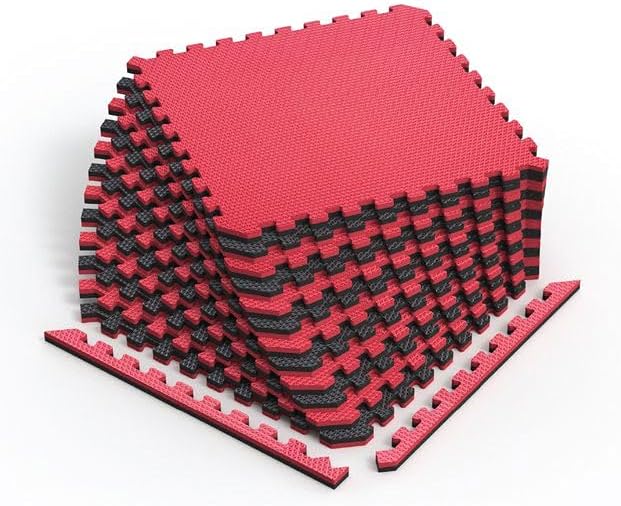 Norsk Reversible Gym Exercise Mats 3/4" Thick EVA Interlocking Foam Tiles, Perfect Home Gym Flooring, 36 Tiles &amp; 72 Trim Pieces, 144 Sq. Ft. Reversible, Red/Black