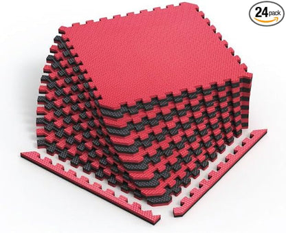 Norsk Reversible Gym Exercise Mats 3/4" Thick EVA Interlocking Foam Tiles, Perfect Home Gym Flooring, 24 Tiles &amp; 48 Trim Pieces, 96 Sq. Ft. Reversible, Red/Black