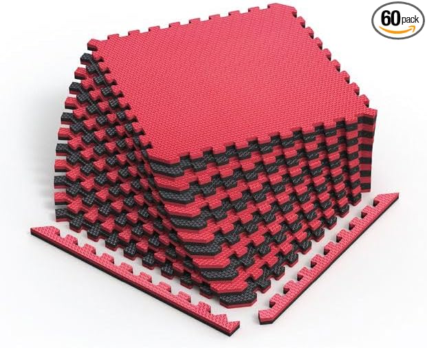 Norsk Reversible Gym Exercise Mats 3/4" Thick EVA Interlocking Foam Tiles, Perfect Home Gym Flooring, 20 Tiles &amp; 40 Trim Pieces, 80 Sq. Ft. Reversible, Red/Black