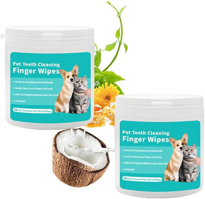 YUHUF-2Packs Teeth Cleaning Finger Wipes for Dogs &amp; Cats, Pet Dental Care by Reducing Plaque and Tartar Remove Bad Breath, Disposable Gentle Gum Care Pet Wipes, (50 Count x2)