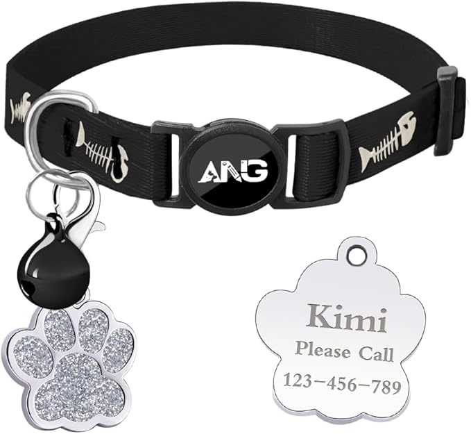 Personalized Breakaway Cat Collars Glow-in-The-Dark with ID Tag, Bell - Safety Quick - Release, Customizable for Female Male Kittens &amp; Cats (Black)