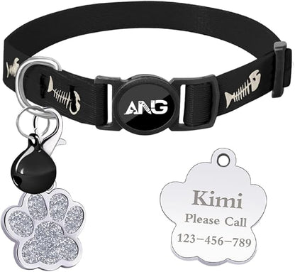 Personalized Breakaway Cat Collars Glow-in-The-Dark with ID Tag, Bell - Safety Quick - Release, Customizable for Female Male Kittens &amp; Cats (Black)