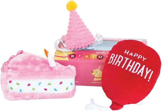 ZippyPaws Birthday Box - Dog Squeaky Toys to Keep Them Busy, Funny Food Plush for Small, Medium, &amp; Large Dogs, Cute Stuffed Puppy Toy &amp; Hat, Pet Products, Gift for Dogs of All Breeds - 3-Pack, Pink