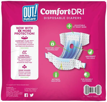OUT! PetCare Disposable Dog Diapers Female, Potty Training, Dog Diapers, Female Doggie in Heat, Puppy Training, Incontinence, Puppy Essentials 9”-14” Waist (Toy, 32ct)