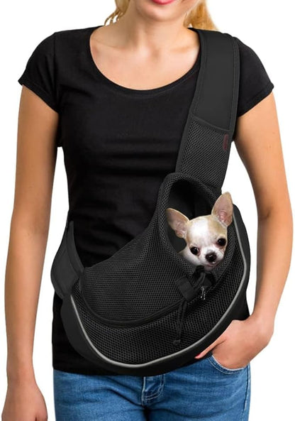 YUDODO Pet Sling Carrier for Small Dogs &amp; Cats – Hands-Free Puppy Carrier with Safety Hook, Large Zipper Pocket, Soft Breathable Mesh, Adjustable Strap &amp; Reflective Strip (Black 2.0 S)