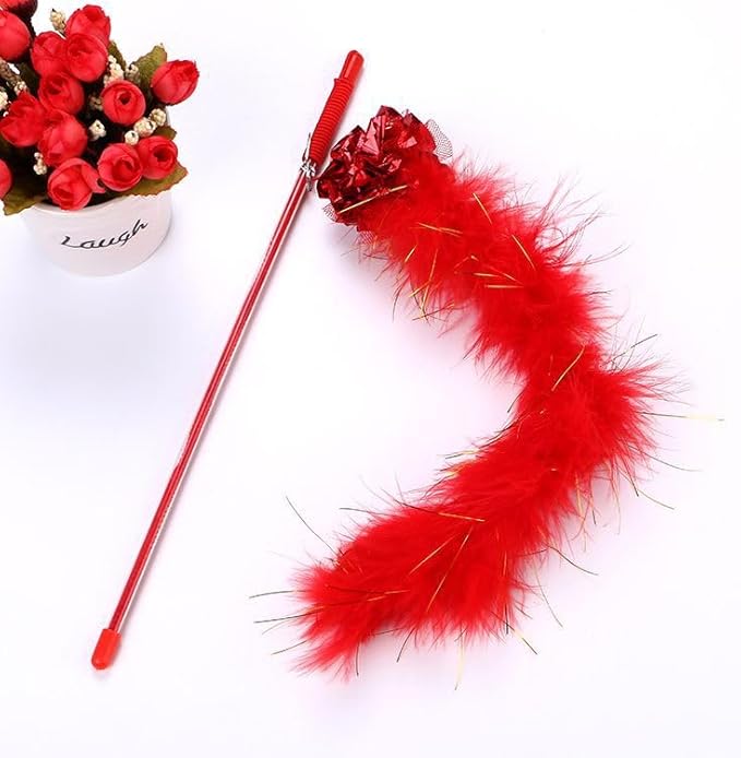 PETCTN Red Cat Teasing Stick Toy - Interactive Stick with Sparkly Feather Boa &amp; Crinkle Ball for Indoor Cat Training &amp; Fun