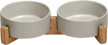 SPUNKYJUNKY Ceramic Dog and Cat Bowl with Wood Stand Non-Slip Matte Glaze Weighted Food Water Set for Cats &amp;Small Dogs 13.5OZ