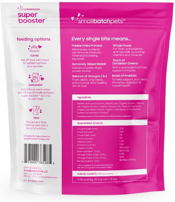 Smallbatch Freeze Dried Dog Treats, Superfood Food Topper Rabbit Bites for Dogs &amp; Cats, Probiotics, Organic Ingredients, High Protein, Grain Free Healthy Treat &amp; Food Topper, Made in the USA, 7 oz Bag