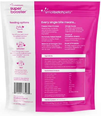 Smallbatch Freeze Dried Dog Treats, Superfood Food Topper Rabbit Bites for Dogs &amp; Cats, Probiotics, Organic Ingredients, High Protein, Grain Free Healthy Treat &amp; Food Topper, Made in the USA, 7 oz Bag