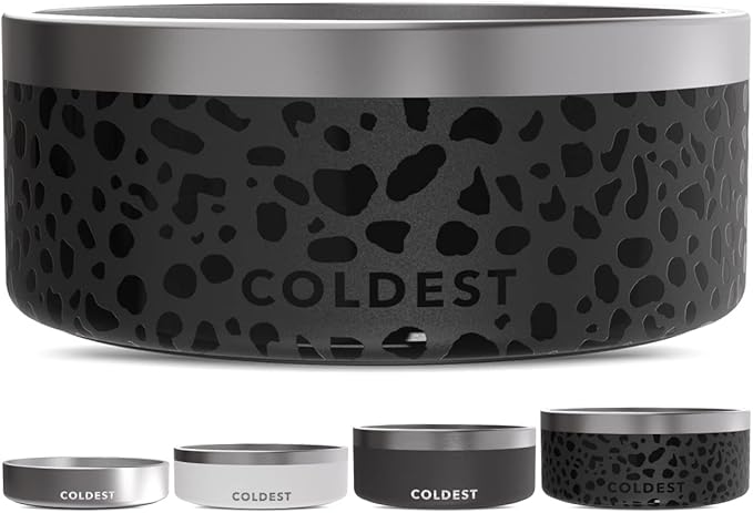 Coldest Dog Bowl - Anti Rust Metal, Non Slip, 3 Layers Insulated Stainless Steel Dog Bowls - Spill Proof &amp; Heavy Duty - Water Bowl for Dogs, Cats &amp; Pets, Dish Washer Safe (100 oz, Black Leopard)