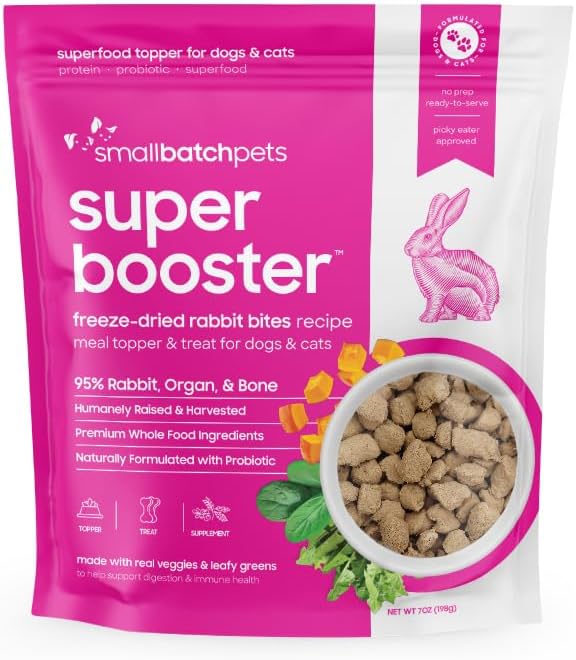 Smallbatch Freeze Dried Dog Treats, Superfood Food Topper Rabbit Bites for Dogs &amp; Cats, Probiotics, Organic Ingredients, High Protein, Grain Free Healthy Treat &amp; Food Topper, Made in the USA, 7 oz Bag