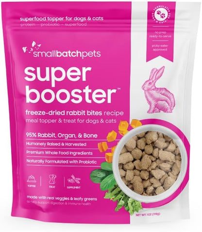 Smallbatch Freeze Dried Dog Treats, Superfood Food Topper Rabbit Bites for Dogs &amp; Cats, Probiotics, Organic Ingredients, High Protein, Grain Free Healthy Treat &amp; Food Topper, Made in the USA, 7 oz Bag