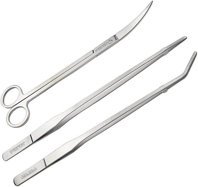 Aquarium Tweezer Set - FEITA Long Stainless Steel Curved &amp; Straight Aquarium Feeding Tweezers Scissors Maintenance Tools Kit (3 Pcs)