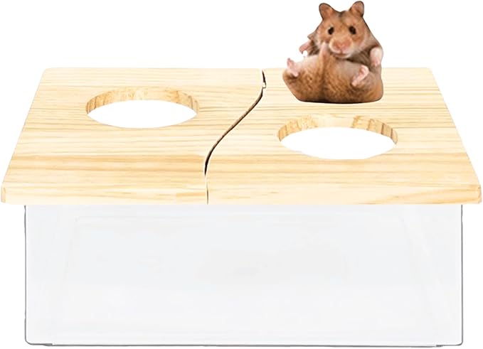 Hamster Sand Bath Box Container, Small Pet Sandbox Lid Design Take Bath Wooden Sandbox Dust Bath, Transparent Bathroom &amp; Digging Box Acrylic Syrian Hamster Litter Box Small Animal Accessories (B)