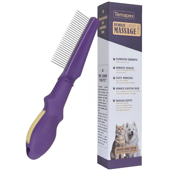 Pet Comb for Grooming Long Haired Cats &amp; Dogs With Stainless Steel Metal Teeth for Shedding and Tangles, Non-slip &amp; Anti-static rubber handle,Safe &amp; Gentle Pet Grooming Comb