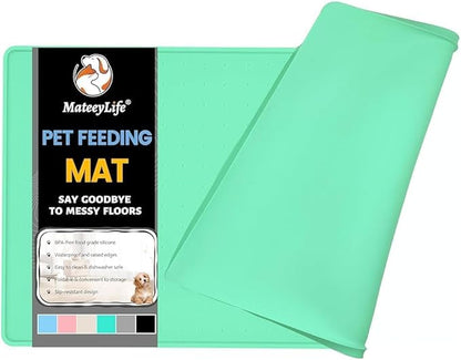 MateeyLife Dog &amp; Cat Food Mat - Waterproof, Nonslip, Raised Edges, Silicone Tray for Messy Drinkers, 24"x16", Mint Green