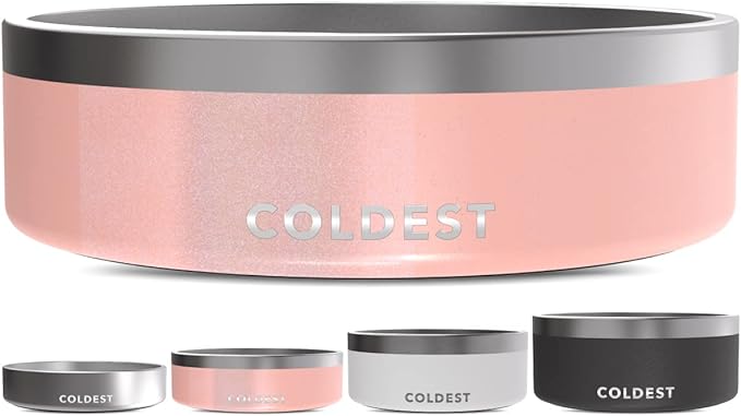 Coldest Dog Bowl - Anti Rust Metal, Non Slip, 3 Layers Insulated Stainless Steel Dog Bowls - Spill Proof &amp; Heavy Duty - Water Bowl for Dogs, Cats &amp; Pets, Dish Washer Safe (42 oz, Forever Pink Glitter)