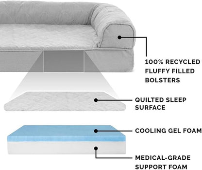 Furhaven Cooling Gel Dog Bed for Large Dogs w/ Removable Bolsters &amp; Washable Cover, For Dogs Up to 95 lbs - Two-Tone Plush Faux Fur &amp; Suede L Shaped Chaise - Stone Gray, Jumbo/XL