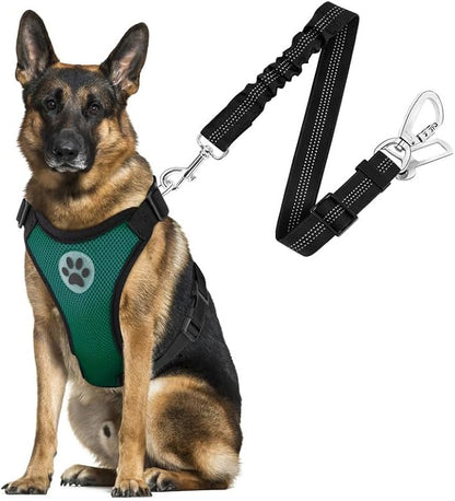 SlowTon Dog Seat Belt Harness for Car, Dog Car Harness Adjustable Mesh Breathable &amp; Dog Seatbelt Safety Tether with Elastic Bungee for Small Medium Large Pets(Green, Double Clip, L)
